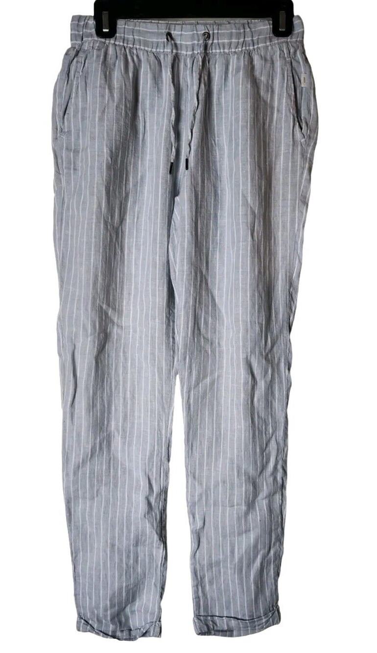 Onia Women's Lounge Pull On Pants Blue Striped Linen Straight Leg Casual Size XS